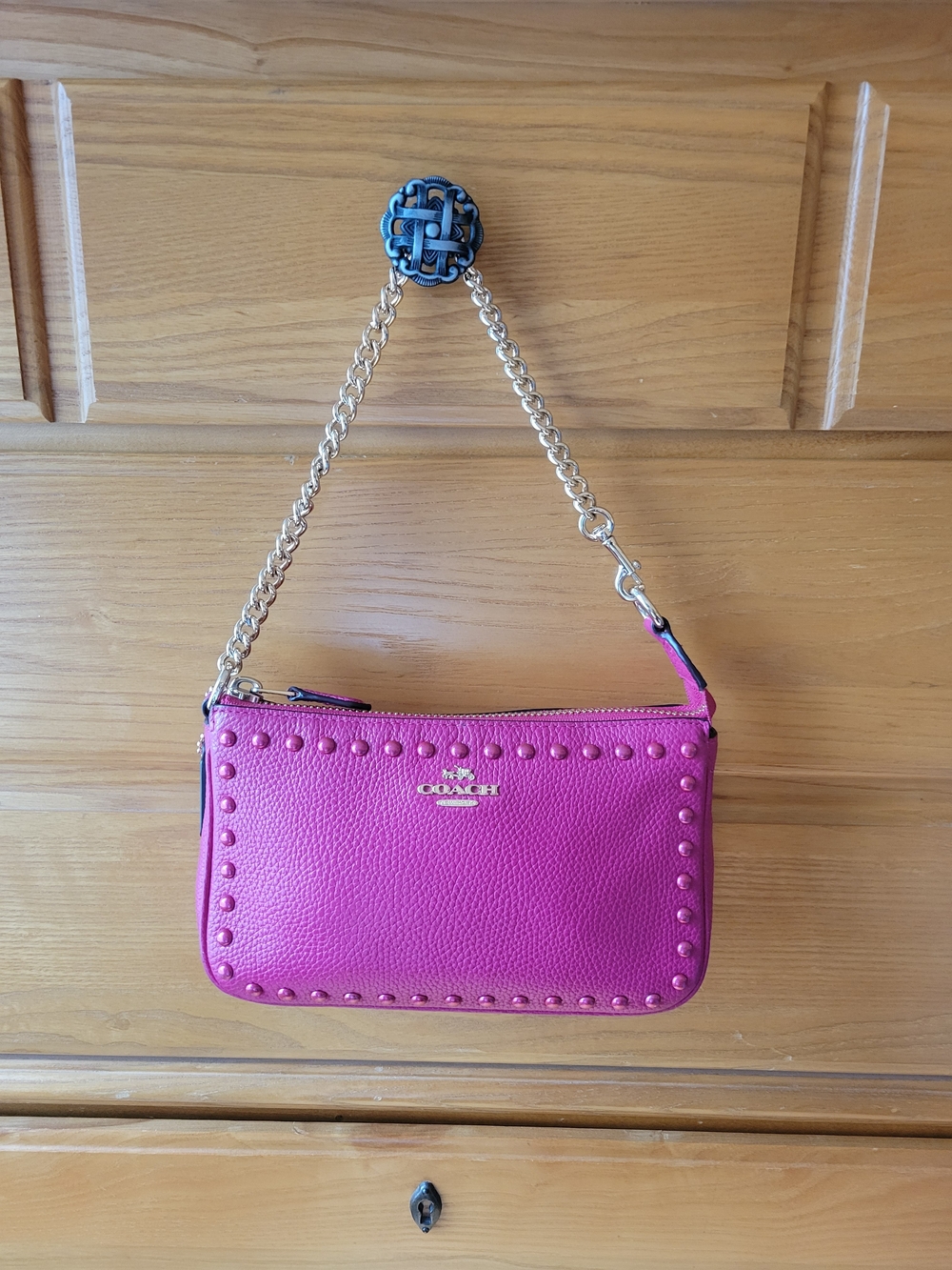 Coach Nolita 19 Leather Wristlet Bright Pink Embellished w/ Pink Rivets